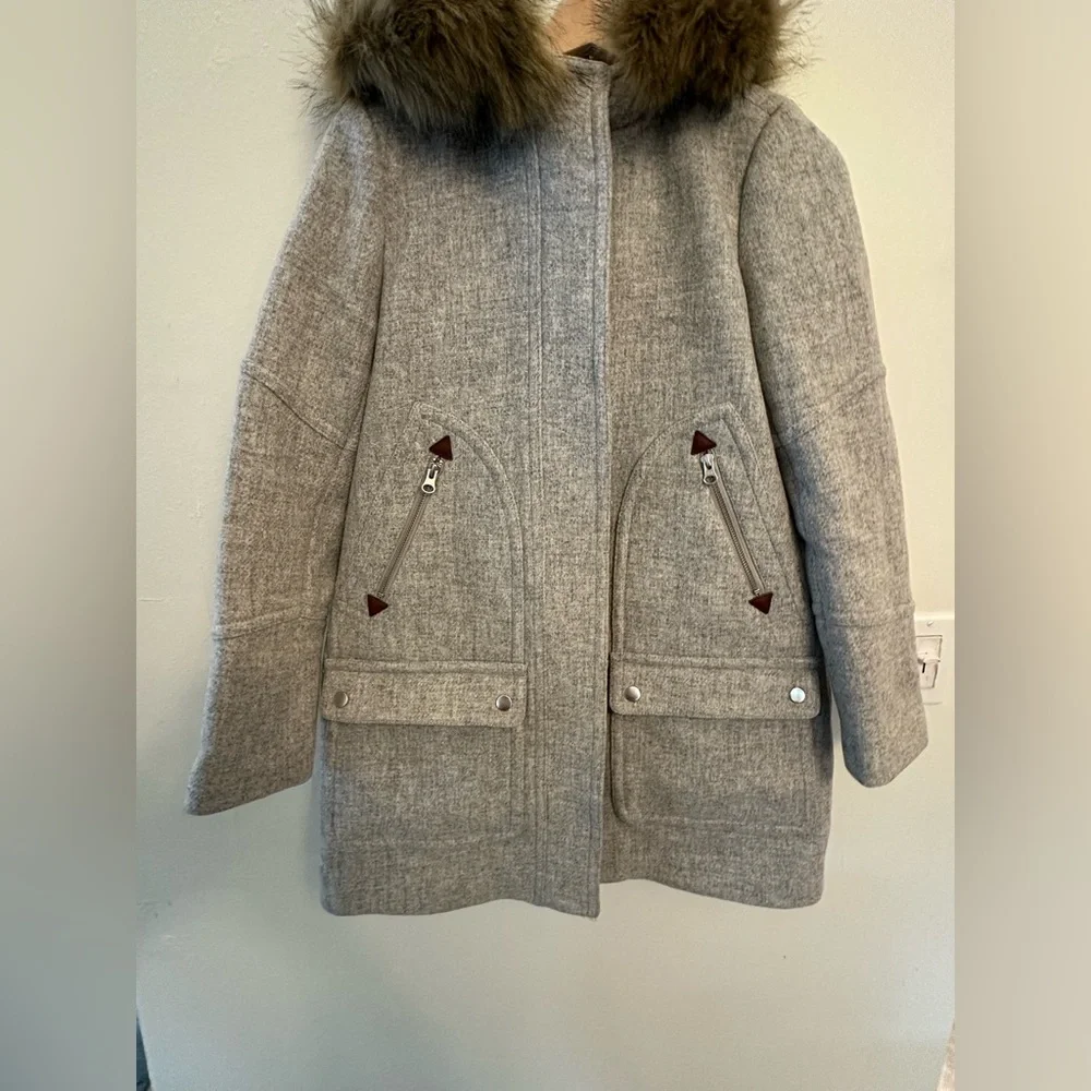 J.‎ Crew Italian Wool Blend Pea Coat faux fur hood size 2 - Picture 2 of 9